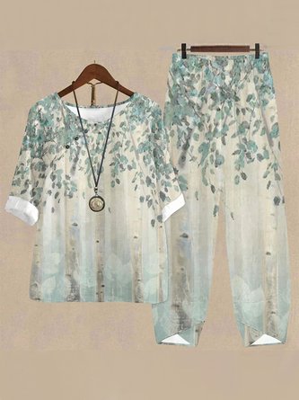 Crew Neck Casual Floral Two-Piece Set