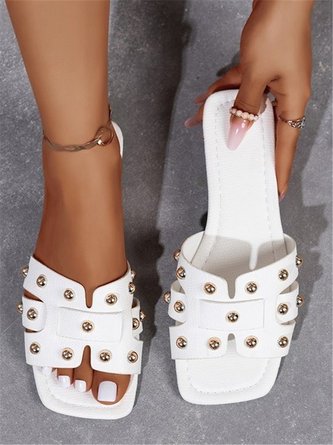 Rivets Mouldings Fashion Square Toe Flat Slide Sandals