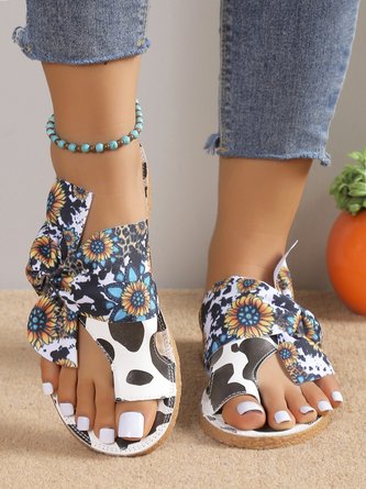 Women Bowknot Sunflower Cow Pattern Toe Ring Slide Sandals