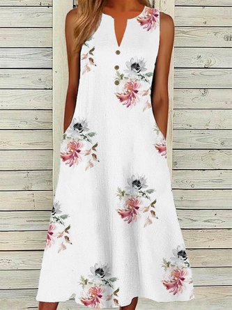 Casual Floral Notched Buckle Dress