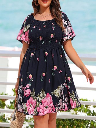 Floral Short Sleeve Crew Neck Vacation Dress