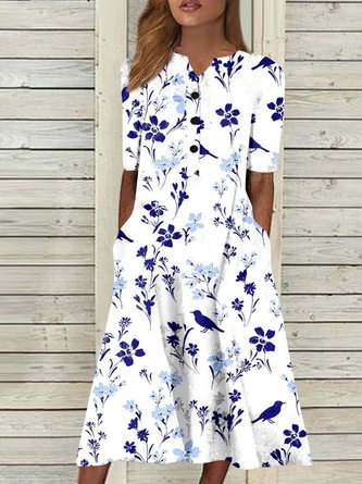 Casual Floral Vacation Loose Buckle Maxi Dress