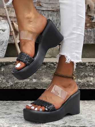 Black Woven Leather Transparent PVC Wedge Platform Sandals