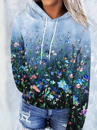 Casual Crew Neck Floral Hoodie