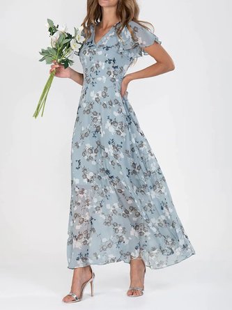 Women Floral V Neck Cap Sleeve Comfy Elegant Printing Maxi Dress