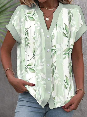 V Neck Short Sleeve Floral Regular Loose Blouse For Women 2023