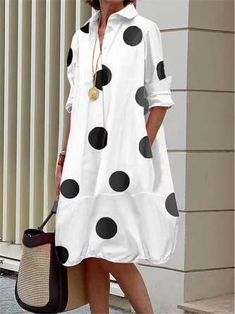Women Polka Dots Shawl Collar Long Sleeve Comfy Casual Midi Dress