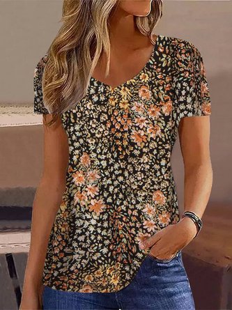 V Neck Short Sleeve Floral Regular Loose Shirt For Women 2023