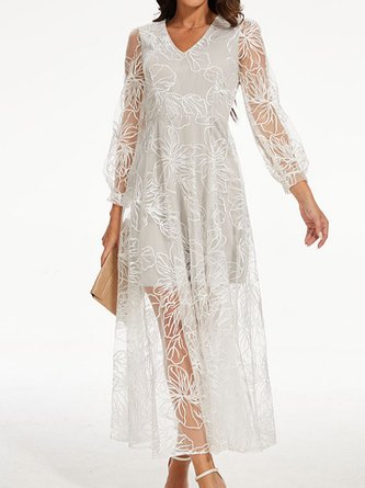 V Neck Casual Floral Lace Dress