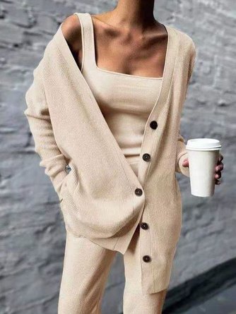 Plain Casual Knitted Matching Outfit