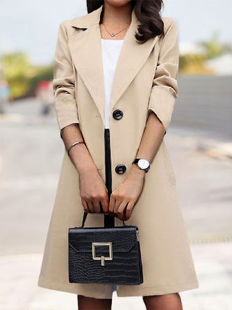Plain Long Sleeve Casual Buckle Trench Coat