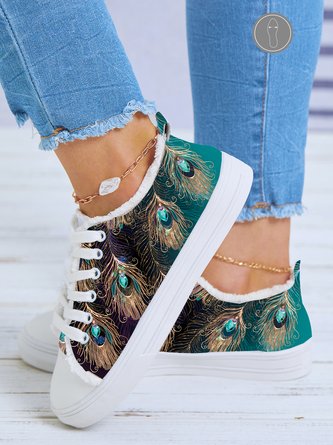 Casual Peacock Feather Print Raw Hem Lace-Up Canvas Shoes