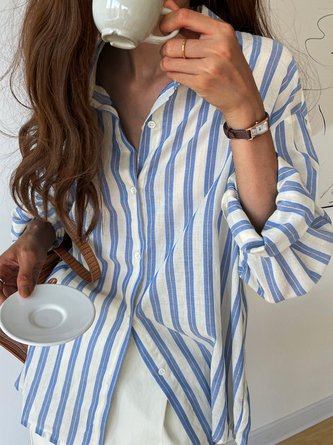 Buckle Striped Long Sleeve Casual Blouse