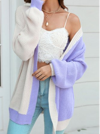Wool/Knitting V Neck Color Block Casual Cardigan
