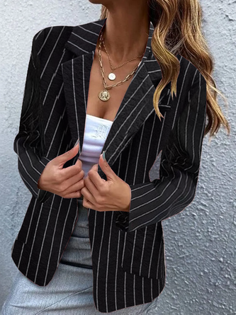 Lapel Collar Long Sleeve Striped Pocket Stitching Regular Loose Blazer For Women