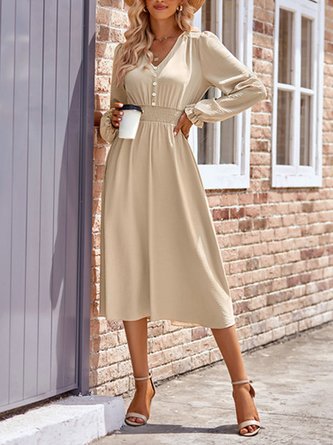 Women Plain V Neck Long Sleeve Comfy Casual Midi Dress