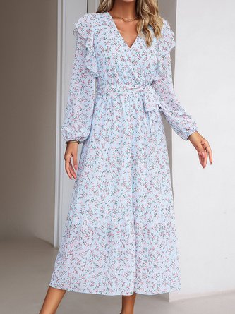 Women Small Floral V Neck Long Sleeve Comfy Vacation Maxi Dress