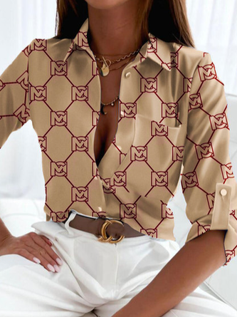 Shirt Collar Long Sleeve Abstract Regular Regular Fit Blouse For Women