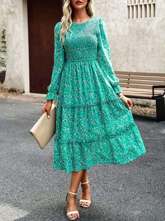 Women Small Floral Crew Neck Long Sleeve Comfy Casual Maxi Dress