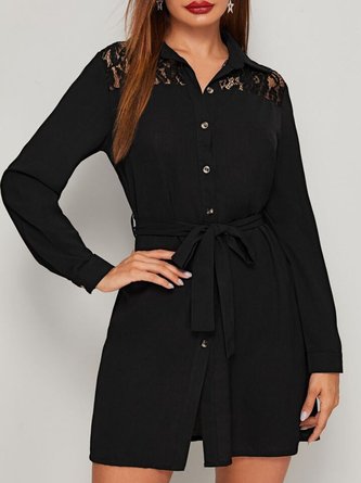 Women Lace Shirt Collar Long Sleeve Comfy Simple Short Shirt Dress