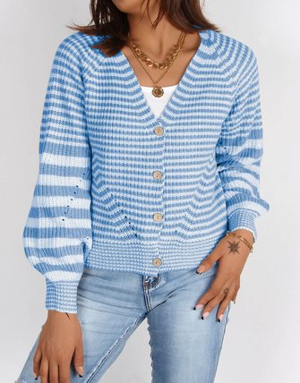 Women Yarn/Wool Yarn Striped Long Sleeve Comfy Casual Cardigan