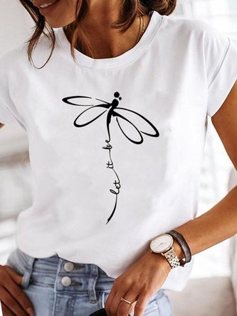 Casual Dragonfly Print Crew Neck Short Sleeve T-Shirt