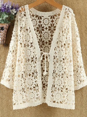 Three Quarter Sleeve Floral Lace-up Regular Loose Kimono For Women