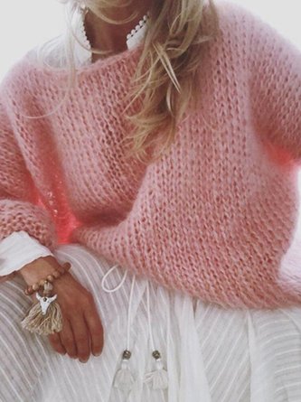 Women Plain Extra-long Sleeve Comfy Simple Sweater