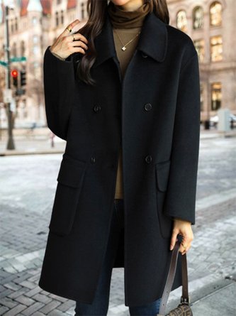 Lapel Collar Long Sleeve Plain Buckle Heavyweight Loose Coat For Women