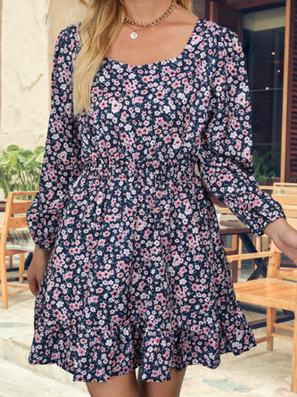 Women Floral Square Neck Long Sleeve Comfy Casual Short Dress