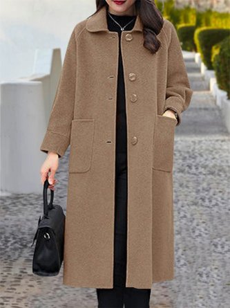 Shawl Collar Long Sleeve Plain Buckle Regular Loose Coat For Women