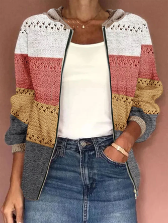 Women Wool/Knitting Contrast Stitching Long Sleeve Comfy Casual Zipper Cardigan