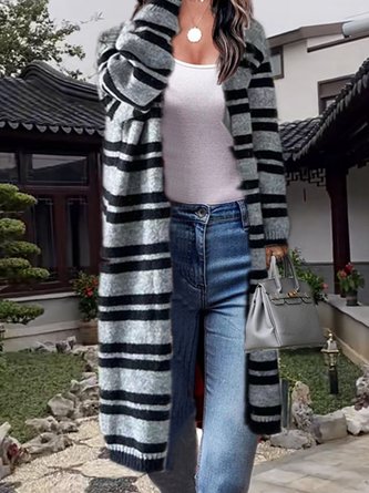 Women Yarn/Wool Yarn Striped Long Sleeve Comfy Casual Cardigan