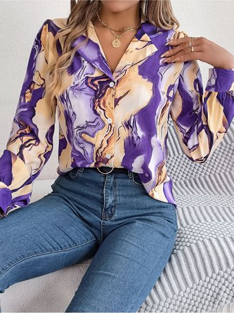 Shawl Collar Long Sleeve Abstract Regular Loose Blouse For Women
