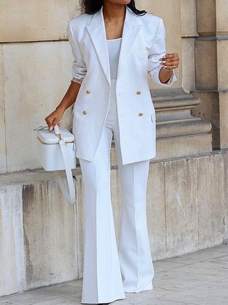 Women Plain Lapel Collar Long Sleeve Comfy Casual Buckle Coat With Pants Two-Piece Set