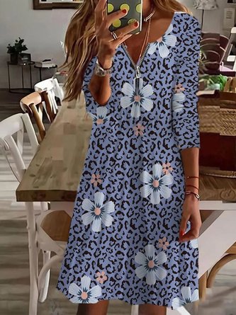Women Floral Notched Long Sleeve Comfy Casual Midi Dress