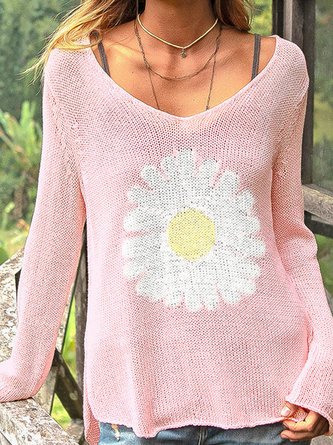 Women Yarn/Wool Yarn Floral Long Sleeve Comfy Casual Sweater
