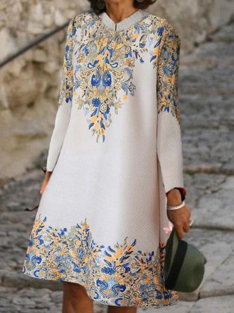 Women Ethnic Turtleneck Long Sleeve Comfy Casual Midi Dress