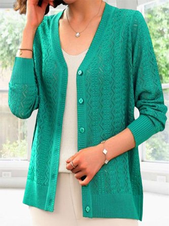 Plain Buckle Long Sleeve Casual Hollow Out Cardigan