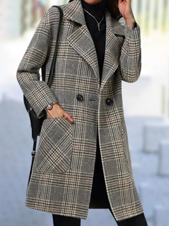 Lapel Collar Long Sleeve Plaid Buckle Regular Loose Coat For Women