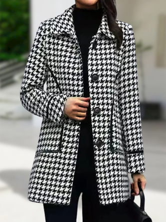 Shawl Collar Long Sleeve Houndstooth Buckle Regular Loose Coat For Women
