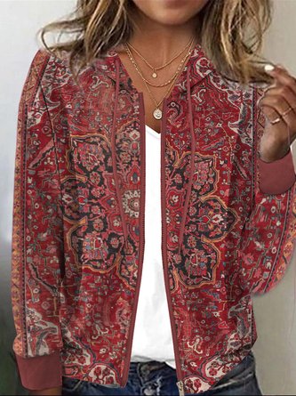 Hoodie Long Sleeve Ethnic Zipper Regular Medium Elasticity Loose Hooded Jacket For Women