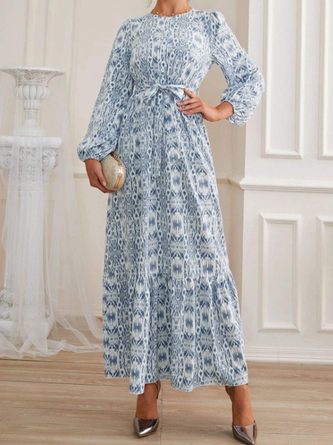 Women Floral Pattern Crew Neck Long Sleeve Comfy Casual Midi Dress