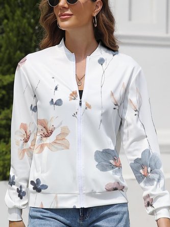 Long Sleeve Floral Zipper Regular Loose Jacket For Women