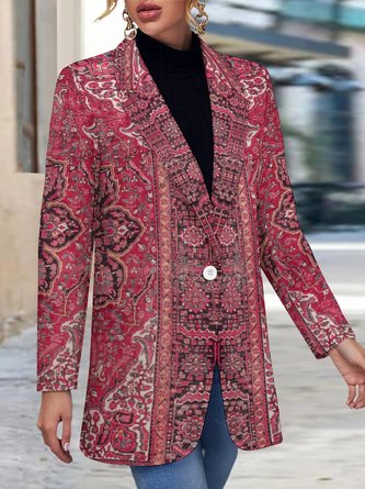 Lapel Collar Long Sleeve Ethnic Buckle Regular Loose Blazer For Women