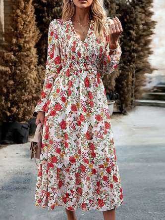 Women Floral V Neck Long Sleeve Comfy Vintage Midi Dress