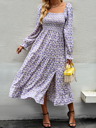 Women Small Floral Square Neck Long Sleeve Comfy Casual Maxi Dress