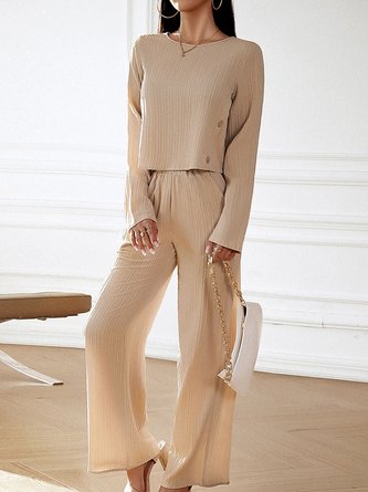 Women Plain Crew Neck Long Sleeve Comfy Simple Top With Pants Two-Piece Set