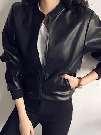Stand Collar Long Sleeve Plain Regular Regular Fit Motorcycle Leather & Faux Leather For Women
