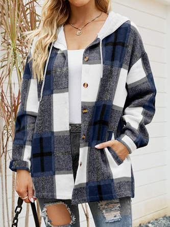 Hoodie Long Sleeve Plaid Regular Micro-Elasticity Loose Jacket For Women